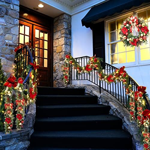 Garvee 9 ft Christmas Garland with Lights for Mantle, Red Gold - Image 7
