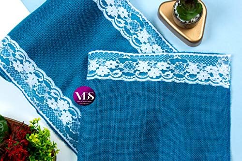 VDS Pack of 20, Burlap Table Runner with White Lace Edge, 100% Natural Jute Rustic Hessian Table Cloth Centerpiece for Wedding Birthday Party Banquet Table Decoration (Size 12X108 Inch)(Teal) - Image 6