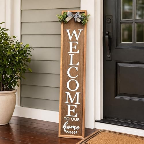 Vertical Wooden Welcome Sign for Front Porch Standing 45x9 Inch Large Wood Frame Outdoor Welcome Sign for Farmhouse Rustic Home Modern Outside Front Door Vertical Decorations(Brown) by DOUSUI
