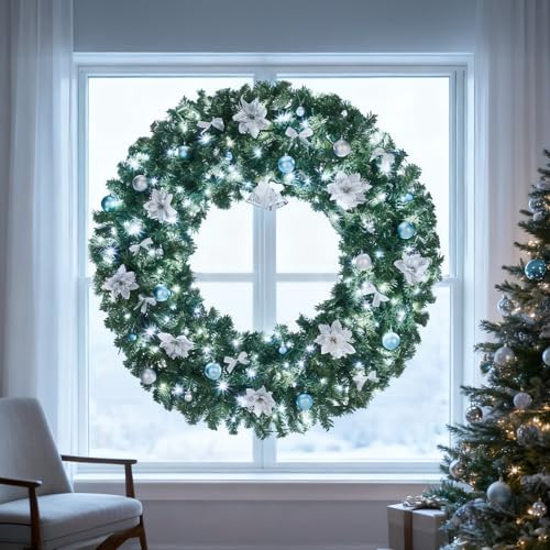 VINGLI 48 Inch Prelit Christmas Wreath Fireplace, Holiday Decor Blue Silver - Image 6