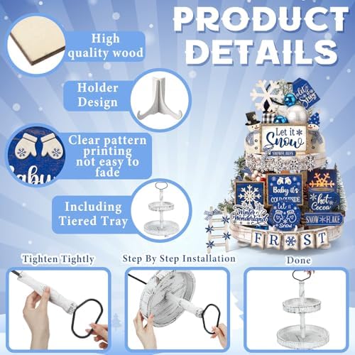 Nuogo 24 Pcs Winter Tiered Tray Decorations Set and 2 Tiered Tray Stand with Handle Winter Table Decoration Tabletop Snowman Snowflake Decorations for Home Farmhouse Hot Cocoa - Image 5