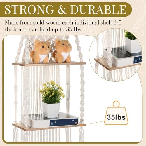 Barydat 2 Pack Macrame Wall Hanging Shelf 2 Tier Handmade Boho Hanging Wall Shelf Floating Woven Rope Decorative Storage Racks Holder Organizer for Home Bedroom Bathroom Plants, Beige (Elegant) - Image 4