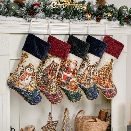 LUBOT 5 Pack Christmas Stockings Set of 5 Large Family Xmas Stocking Embroidered 20" Rustic Traditional Classic Retro Vintage Fireplace Hanging Holiday Decor by LUBOT