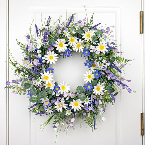 24 Inches Summer Wreaths for Front Door Blue Summer Door Wreath Spring Floral Wreath with Wildflower White Sunflower for Porch Indoors Outdoor Window Home Decorations - Image 2