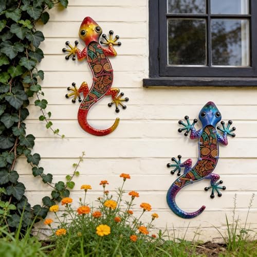 HONGLAND Lizard Wall Decor- 15 Inch Gecko Metal Wall Art Hanging Glass Sculpture, 2 Pack Yard Decorations Outdoor for Garden Fence Home - Image 5