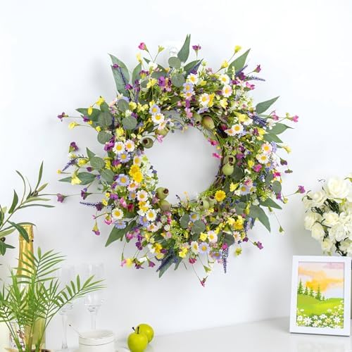Yawwind 22 Inches Summer Wreaths for Front Door Green Spring Floral Wreath Summer Door Wreath Wildflower Wreaths with Lavender Daisy for Indoors Windows Porch Wall Outside All Season - Image 3