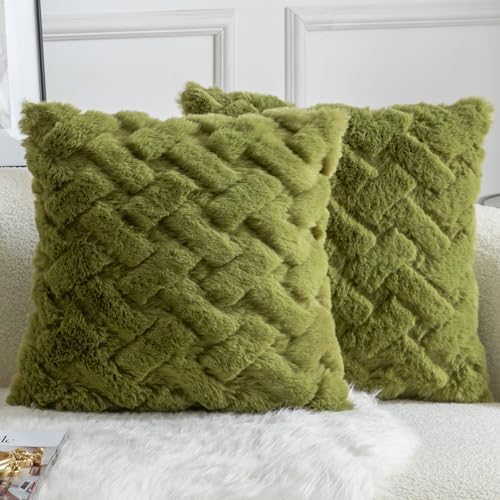 Yaertun Set of 2 Decorative Throw Pillow Covers Thick Plush Wool Throw Pillows Super Soft Luxury Faux Rabbit Fur Velvet Cushion Covers for Couch Sofa Bed Living Room 24x24 Inch Olive Green by YAERTUN