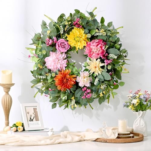 Waipfaru 2Pcs Summer Wreaths Easter Wreath, Spring Wreaths for Front Door Outside, Large Front Door Wreath with Peony Dahlia Rose Flower Green Eucalyptus Leaves Farmhouse Outdoor Porch Decor - Image 6