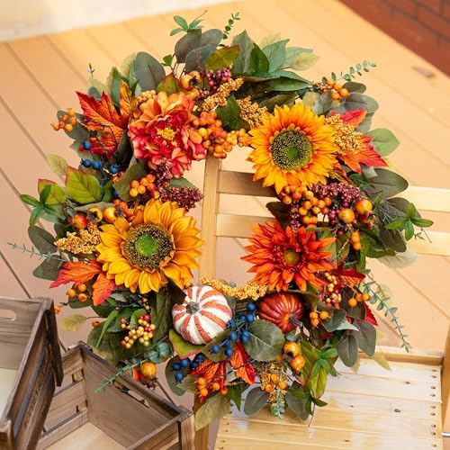 24 Inch Harvest Fall Wreaths for Front Door Outside with Sunflowers - Image 4
