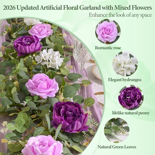 Livole 2Pcs 12 Ft Flower Garland Decoracion Purple Peony Floral Garland - Image 5