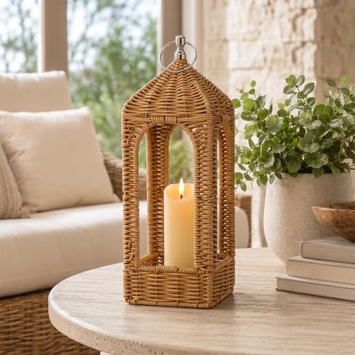 14.5 Inch Natural Rattan Decorative Lantern with LED Flameless Candle by MTLEE