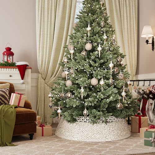 ELYKEN 42 Inch Woven Rattan Christmas Tree Collar, Stylish Seagrass & Water Hyacinth Xmas Tree Skirt for Artificial Trees, Wicker Tree Base Cover with Cord Cut-Out Farmhouse Tree Ring for Home Decor - Image 2