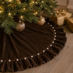 Chocolate Brown Velvet Christmas Tree Skirt 60 Inch – Pearl Beaded Ruffle Trim Xmas Tree Skirt with Bows, Festive Christmas Tree Base Cover for Holiday Party Home Decorations - 150cm by AtiMing