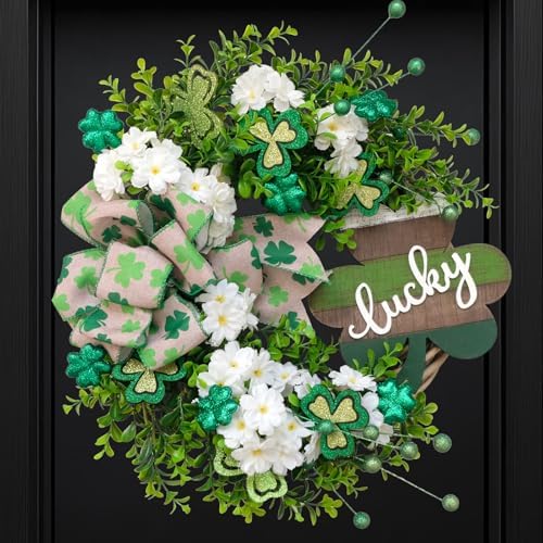 20" St. Patrick’s Day Decorations for Front Door Artificial Green Wreath Lucky Shamrock Board Clover Bow Leaves and Flowers Spring Summer Home Party Outdoor/Indoor Farmhouse Porch Decor by Bibelot