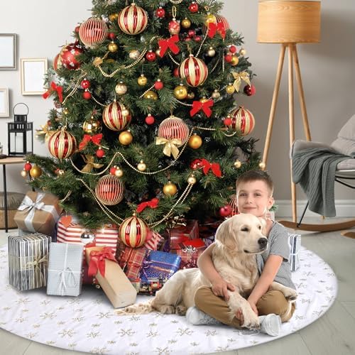 72 Inches Christmas Tree Skirt for Xmas Tree Holiday Party Decorations White Plush Gold Sequin Snowflake - Image 7