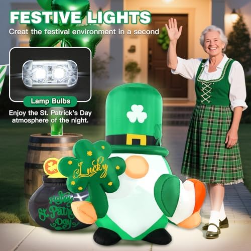 St Patricks Day Inflatables Outdoor Decorations, 4FT Inflatable Lucky Gnome Leprechaun with Shamrock, Pot of Gold & Irish Heart, LED Lights St. Patrick's Blow Up Yard Decor for Outside Garden Lawn - Image 5