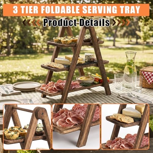 Space-Saving 3-Tier Collapsible Wooden Tray Stand – Rustic Multi-Layer Display Rack – Kitchen Counter Organizer for Food or Desserts – Sturdy, Easy-Fold Storage Shelf - Image 6