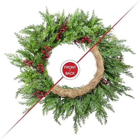 Glitzhome 24" D Christmas Wreath for Front Door, Real Touch Green Artificial Cedar Wreath with Red Berries for Porch, Window, Wall Indoor and Outdoor Home Decor - Image 4