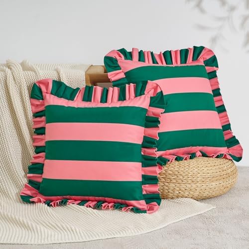 MONDAY MOOSE Decorative Throw Pillow Covers, Set of 2 Water-Resistant Striped Design with Ruffle Edge for Outdoor/Indoor Use, Pillow Inserts Not Included (20x20 inch, Pink/Dark Teal) by MondayMoose