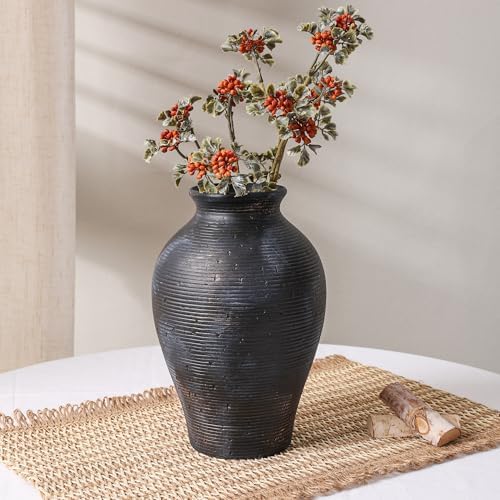 Ceramic Flower Vase Home Decor, 9 in Farmhouse Table Vases Rustic Vintage Living Room Kitchen Bedroom Pottery Decorative Vases for Flowers House Shelf Office Coffee Desk Dining Entryway, Black Gold - Image 3