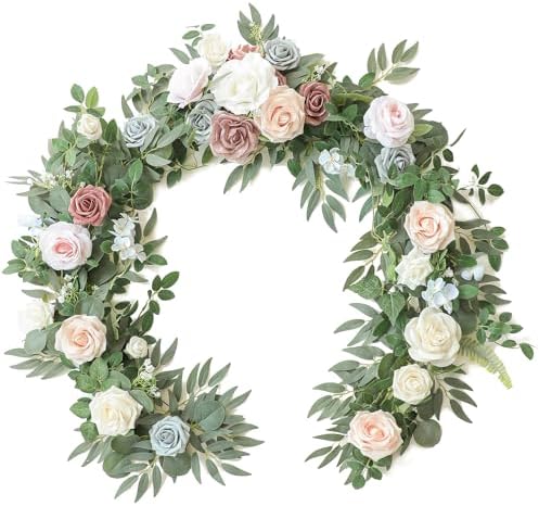 Floroom 6ft Artificial Eucalyptus Garland with Flowers Fake Greenery Faux Floral Vine Garland for Table Decor Wedding Centerpieces Bridal Shower Party Decorations, Blush Powder Blue by Floroom