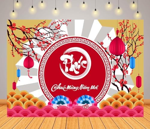 BELECO 15x10ft Fabric Happy Vietnamese New Year Backdrop TET Decorations Cherry Blossoms Lanterns Lunar New Year Background Asian New Year Party Decorations Holiday Photoshoot Studio Props - Image 2