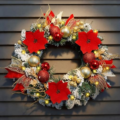 Knitgrip Red Poinsettia Pre-Lit Christmas Wreaths for Front Door - Image 5