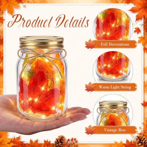 Blushtier 8 Sets Fall Table Centerpieces Thanksgiving Mason Jars Centerpiece Table Toppers Decor with LED Light Maple Leaf Autumn Gifts for Wedding Birthday Party Favors Supplies Home Office Decor - Image 5