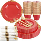 Nervure 175Pcs Red Plastic Plates, Disposable Party Plates for 25 Guests by Nervure