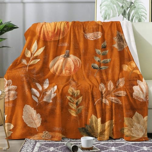 Fall Leaf Blanket, Orange Pumpkin Fleece Throw Blanket Twin Size for Couch Bed Sofa, Autumn Leaves Blankets and Throws, Decor & Gifts, Super Soft Plush Flannel Blanket, 60x80 by Unknown