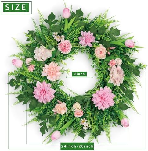 24 Inch Spring Wreath for Front Door, Pink Floral Wreath with Artificial Tulips, Dahlias & Eucalyptus, Hydrangeas and Peonies, Flower Wreath with Gift Box for Home Decorations - Image 2