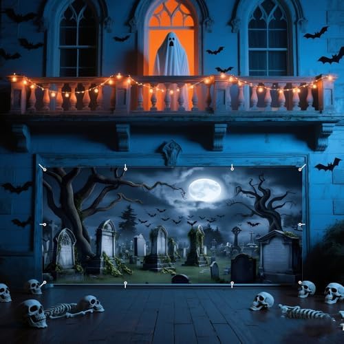 Halloween Garage Door Cover 7x16ft Spooky Graveyard Halloween Garage Door Banner Creepy Hallows' Decorations for 2 Car Garages Cemetery Backdrop for Wall Large Banners - Image 6