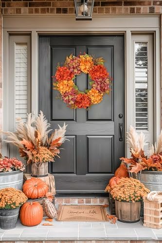 Artificial Fall Wreath, 24" Fake Hydrangea, Orange Burgundy Flowers - Image 3