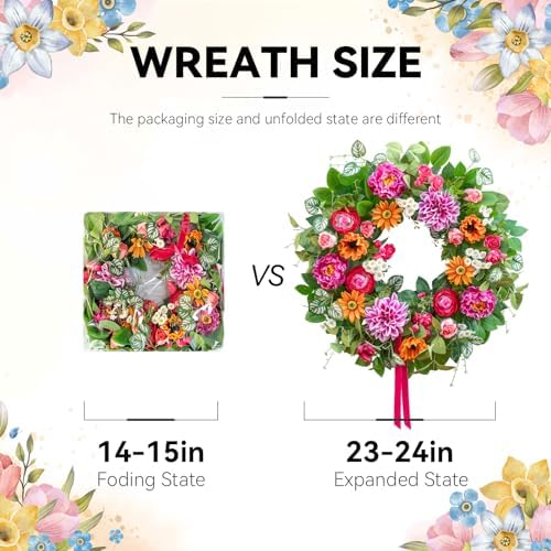 Spring Summer Wreaths for Front Door 24 Inch with Dahlia, Peony & Daisy Spring Wreaths for Front Door Outside Summer Door Wreath for Entryway, Porch & Home Décor Outdoor Summer Wreath - Image 4