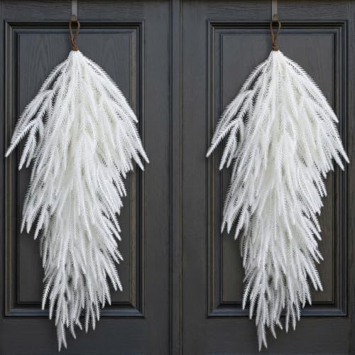 2 Pcs 28'' White Christmas Pine Door Swag, Snowy Norfolk Teardrop Swag by PurpleStar
