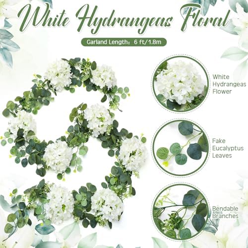 6ft White Hydrangeas Artificial Floral Garland Decoration for Mantle - Image 2