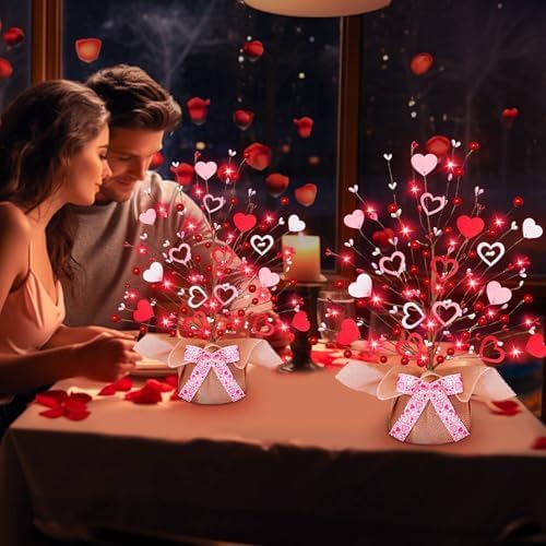 TURNMEON 2 Pack Valentine's Day Tree Tabletop Decorations - 16 Inch Battery Operated with 14 Red Pink Hearts and 32 Red Berries for Home, Table, Bedroom, Indoor Party, Wedding Decor - Image 2