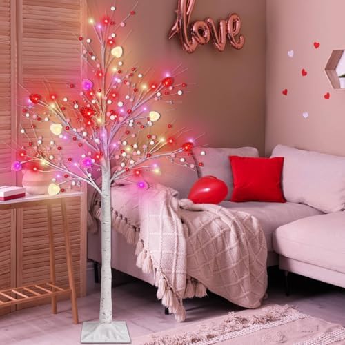 Valentines Day Decor, 4 FT Prelit Lighted Valentines Tree with 3D Hearts&Berries Ornaments 48 Led Red Pink Lights, Outdoor Waterproof Artificial Birches Tree for Valentines Day Decorations Indoor Home - Image 5