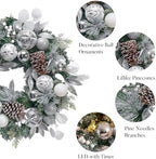 Valery Madelyn 24'' Pre-Lit Christmas Wreath for Front Door with Light, Large Lighted Outdoor Christmas Wreath with Silvery White Xmas Balls & Pinecones for Home Porch Fireplace Window Holiday Decor - Image 5