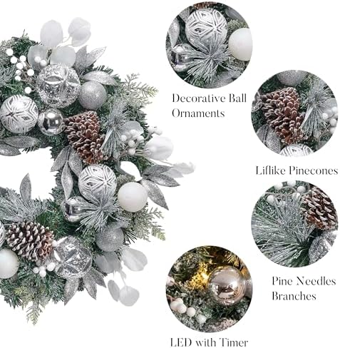 Valery Madelyn 24'' Pre-Lit Christmas Wreath for Front Door with Light, Large Lighted Outdoor Christmas Wreath with Silvery White Xmas Balls & Pinecones for Home Porch Fireplace Window Holiday Decor - Image 5