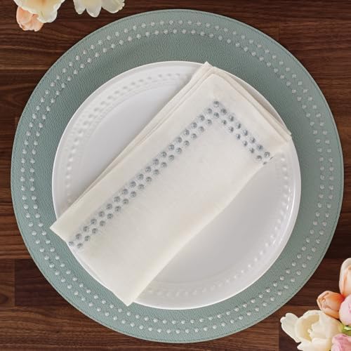 Bodrum Pearls Round Embroidered Placemats Set of 4 – 15" Elegant Table Mats for Dining, Weddings & Special Occasions, Decorative, Wipe-Clean Vinyl Placemats, Celadon/White - Image 5
