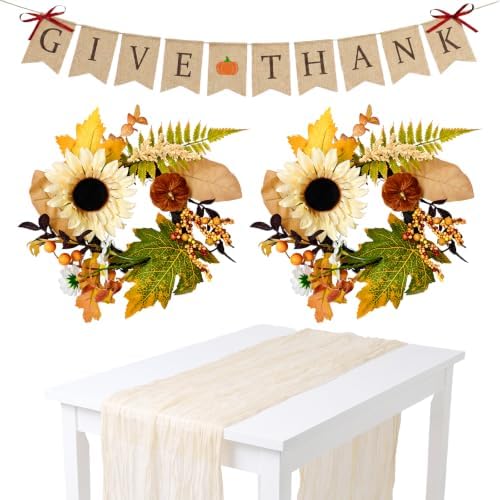 Fall Wreat 2X 12 Handcrafted Harvest Wreaths, Glitter GIVE Thanks Bunting, Ivory Ruched Runner 35x71, Front Door Wall Dining Table Decorh Table Runner Bunting Set Home Decor by Unknown