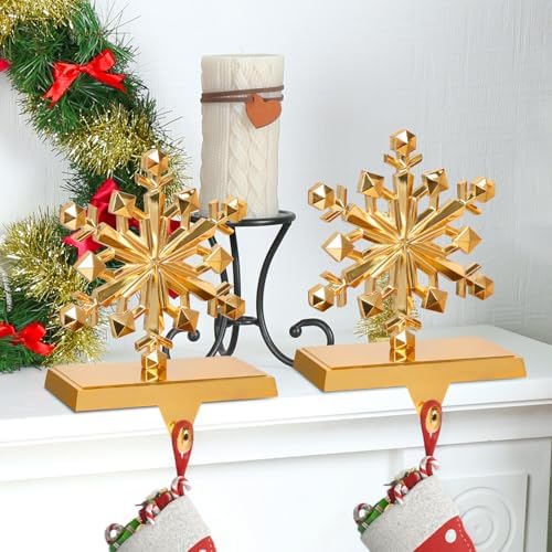 Hxezoc 2 Pack Gold Snowflake Christmas Stocking Holders, Metal Mantel Stocking Hangers for Christmas Fireplace Mantel Decorations Christmas Holiday Supplies - Image 4