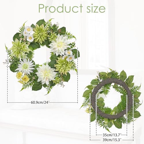 Briful 24'' Artificial Dahlia Flower Wreath for Front Door Large Silk Dahlia Daisy Floral Wreath Fake Hanging Greenery Wreaths for Spring Summer Home Wall Window Mantle Outdoor Porch Décor - Image 2