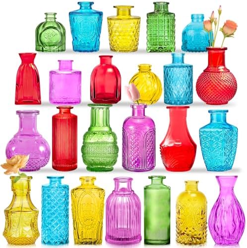KOIUEYW Colored Glass Bud Vases Set of 24, Vintage Small Vases for Flowers, Crystal Mini Glasses in Bulk, Small Flower Design for Centerpieces Wedding Decorations Home Flower Party Decor by Unknown