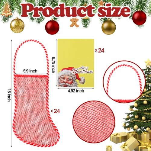 Leyndo 48 Pcs Long Mesh Christmas Stockings Bulk 24 18 Inches Christmas Stockings with 24 Santa Header Card Candy Cane Xmas Stocking for Event Gift Stuffing Family Holiday Party (Yellow) - Image 2