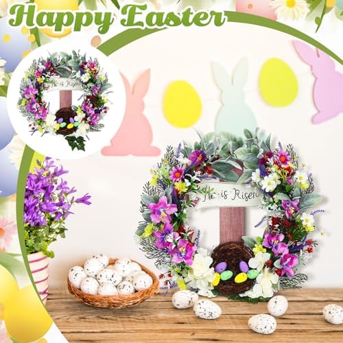 Panelee 18 Inch Easter Wreath for Front Door Cross Wreath Christian Easter Hanging Decorations He Is Risen Religious Artificial Lilies Lavender Eggs Grape Vines Sign for Spring Home Wall Door(Elegant) - Image 5