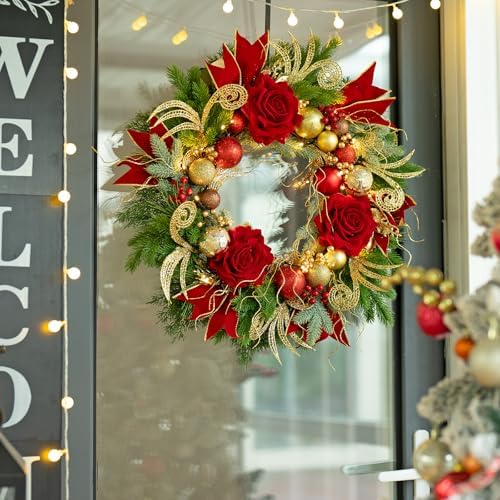 Christmas Wreaths for Front Door–24Inch Outdoor Christmas Door Wreath with Lights,Classic Xmas Wreath with Pinecone,White Berries and Silver Ornaments Design, Holiday Outdoor Wreaths Decor - Image 2