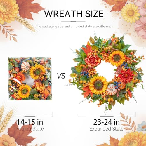 24 Inch Harvest Fall Wreaths for Front Door Outside with Sunflowers - Image 2