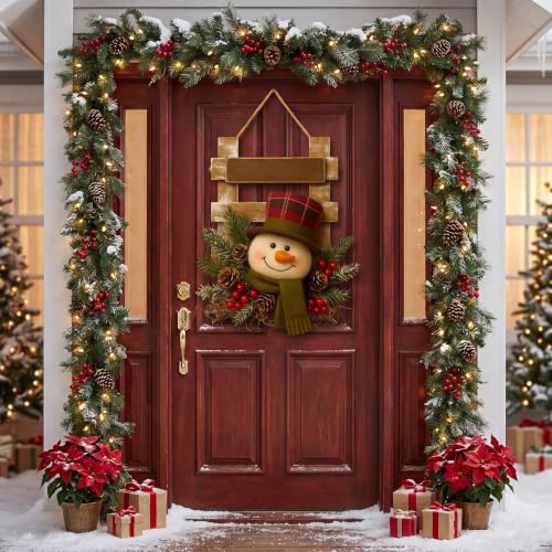 Suncalla 17 Inch Christmas Snowman Wreaths for Front Door Wood Hanging Sign - Image 2